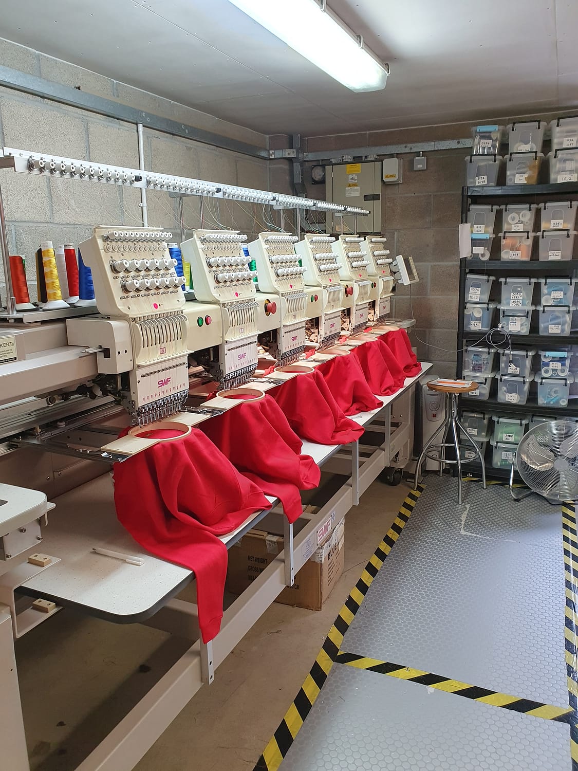 A line of embroidery machines